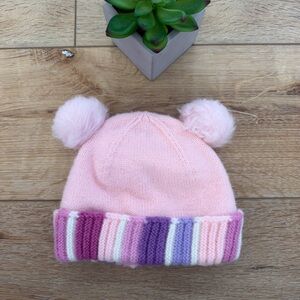Target Pink Knit Beanie with Striped Cuff and Double Bear Ears Pom-Poms - 12-24m